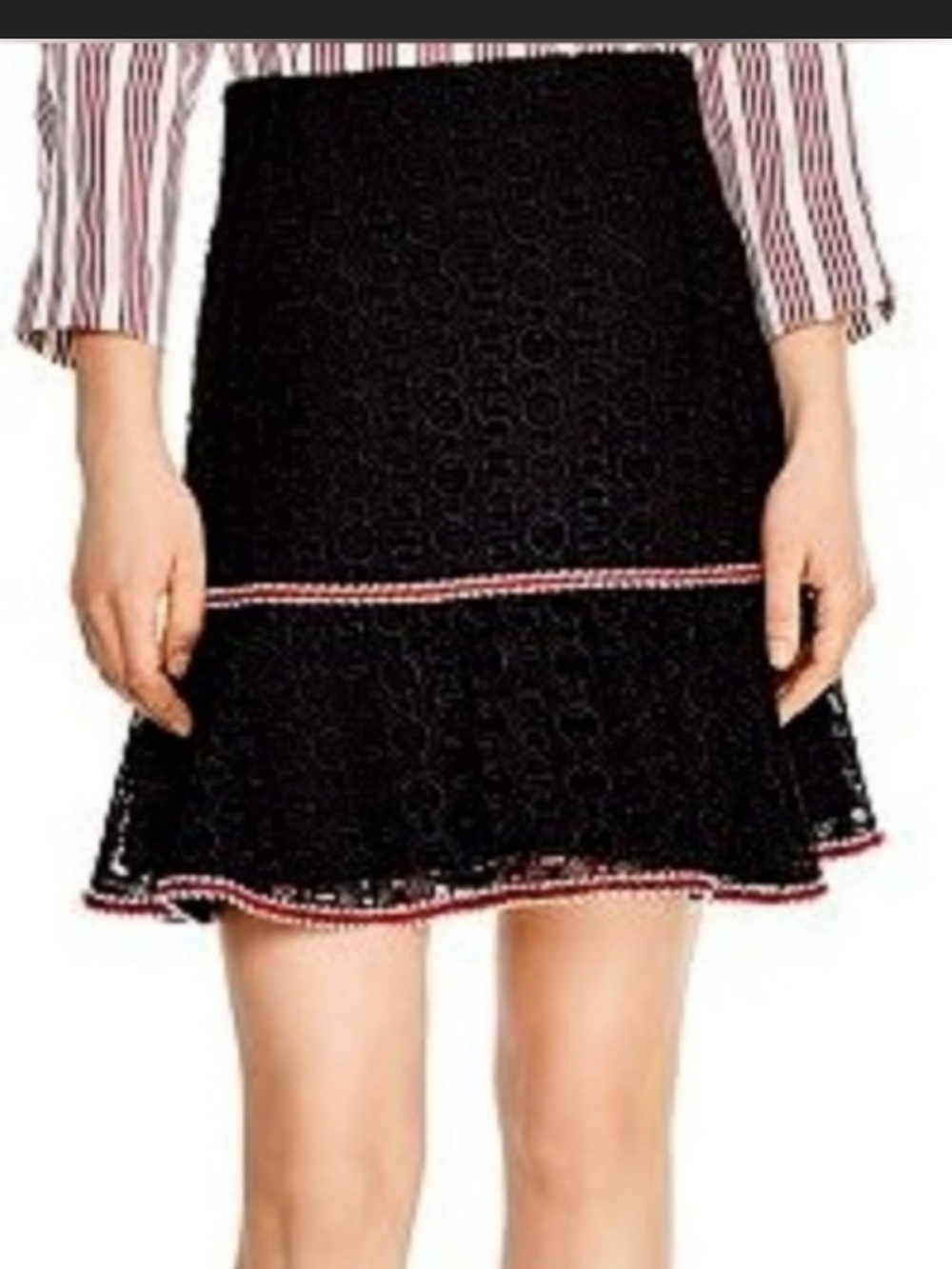 Sandro Black Lace A-Line Skirt with Red and White Trim